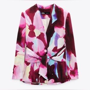 Zara Floral Watercolor Blazer in Pink, Burgundy, Lavender with Tie Belt